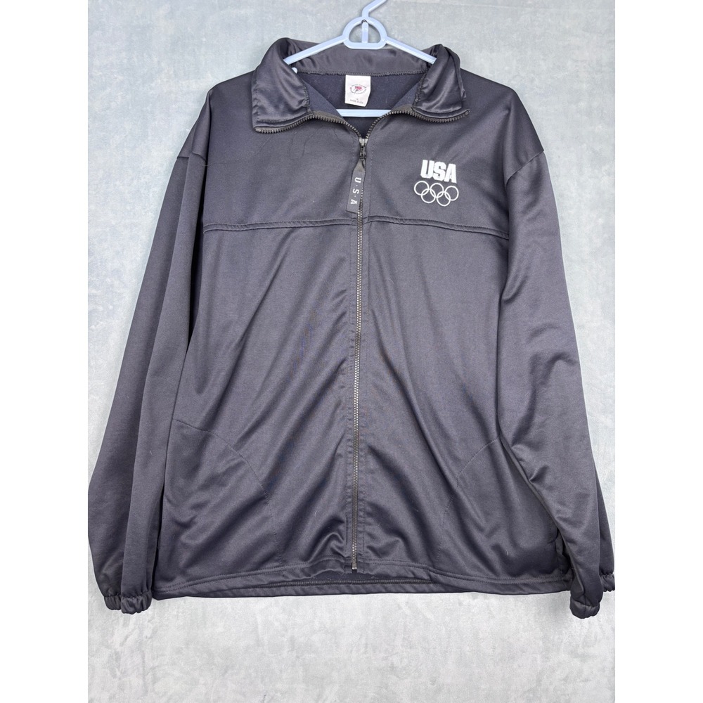 Vintage USA Olympic Committee Track Jacket Mens XL Black Full Zip Made in US